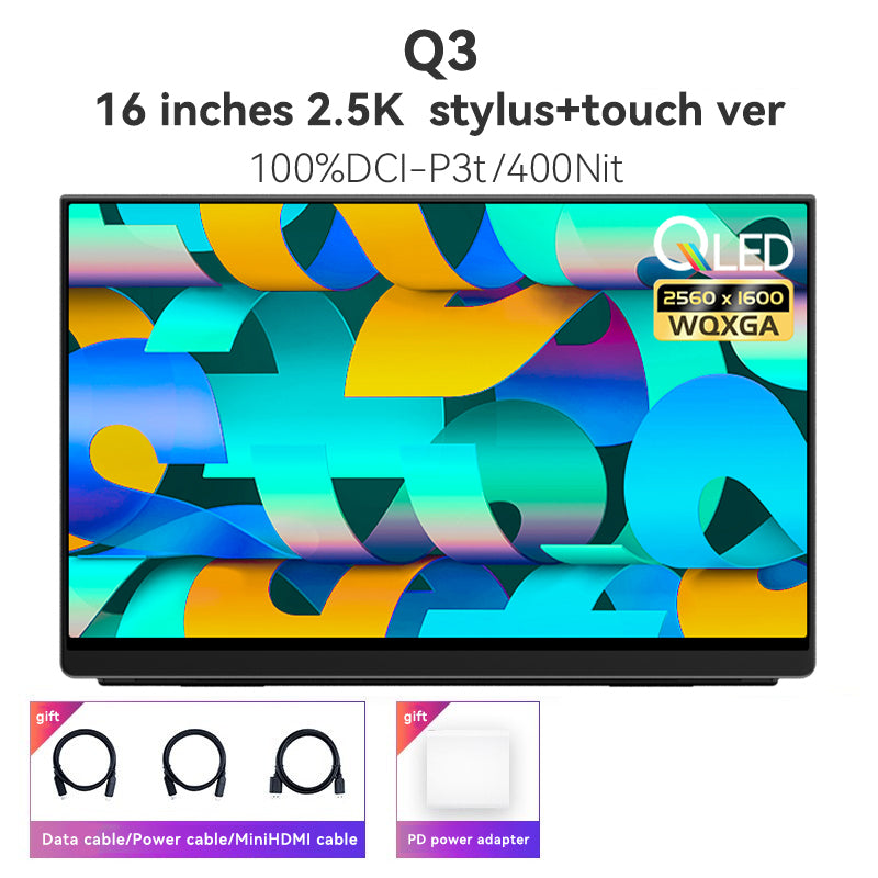 EHOMEWEI Portable Monitor 16 Inches QLED 2.5K 16:10 Computer Expansion Screen Black Metal Frame With Active Stylus 【Q3】